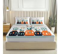 Soft Microfibre Fitted Sheet Plants Flowers Flower Pots Orange Color 3Pc Set Extra Deep 12 Inch / 30Cm Bed Sheets With 2 Pillowcases Soft & Breathable Easy Care Small Double 48" X 75"(122 X 190 Cm)