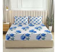 Soft Microfibre Fitted Sheet Plants Roses Garden Blue 3Pc Set Extra Deep 12 Inch / 30Cm Bed Sheets With 2 Pillowcases Soft & Breathable Easy Care Fade Resistant King 59" X 79" (150 X 200 Cm)