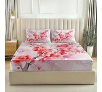 Soft Microfibre Fitted Sheet Watercolor Plum Blossoms Flower Branches Pink 3Pc Set Extra Deep 12 Inch / 30Cm Bed Sheets With 2 Pillowcases Soft & Breathable Easy Care Double 55" X 75"(140 X 190 Cm)