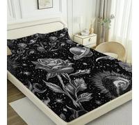 Soft Microfibre Fitted Sheets Double Size Set, Galaxy Planet Rose Pattern Bedding Set with 2 Pillowcases 50 x 75 cm - Black Fitted Sheet with 12 inches Deep pockets Home Decorative 135 x 190 cm