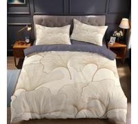 Soft Microfibre Single Bedding Set 135 x 200 cm Beige Duvet Cover with Abstract Ginkgo Leaf and Pillowcase for Kids Teens Adults