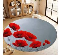 Soft Modern Flowers Red Poppies Rug, Machine Washine Bedside Flannel Floor Light Gray Carpet - Short Pile Non Slip 100 cm Round Rugs for Living Room Bedroom
