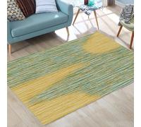 Soft Modern Rug for Bedroom & Living Room Teal Blue & Yellow Stripe Abstract Design Short Pile Kids Room Decor Square 140x140 cm Trendy Home Accent