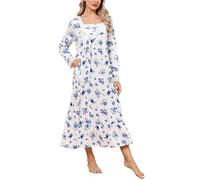 Soft Nightgowns for Women Knit Cotton Victorian Long Sleeves Ladies Full Length Nightdress with Pokckets (Blue Rose, M)