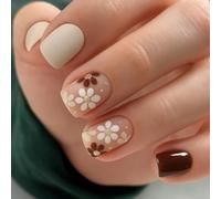 Soft Nude Daisy Press-On Nails with White Florals and Golden Glitter - Short Square French Tip Artificial Nails for Women, Elegant Handmade False for Everyday Wear and Party Occasions