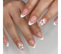 Soft Nude Pink Almond Press-On Nails with French Tips & Golden Floral Design - 24PCS Reusable Artificial Fingernails Set for Women Glossy Manicure Minimalist Chic Glam Daily Wear Wedding Party