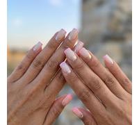 Soft Nude-to-Pink Ombre French Press-On Nails with Glitter & Butterfly Design - Square Shape False Nails Kit for Women, Glossy Manicure Set with Silver Accents for Daily Wear and Special Occasions