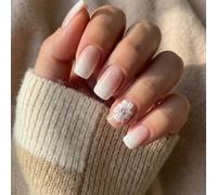 Soft Ombre Nail Tips with Glossy White Pearls - 24PCS Squoval Press on Nails for Women Featuring a 3D Flower Rhinestone Design, Elegant French Manicure, Reusable False Kit with Nude to White