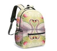Soft Pastel Floral Swan Backpack Two Swans Forming Love-Shape Neck, Surrounded With Blooming Peonies Water Reflection Print, Girls Light-Weight Travel Bookbag