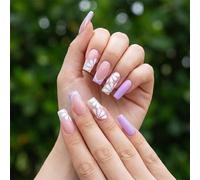 Soft Pastel Gradient Glissé False Nails with White Floral for Salon Quality Manicure - Long Squoval Reusable Press on Tips Handmade Nail Art Kit for Women, Elegant Lavender Nude Tips
