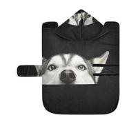 Soft Pet Towel Coat for Dogs Cats, Bath Robe Absorbent Bathrobewith Hood Adjustable Collar & Belly Strap, M Closeup Head Peeking Siberian Husky Dogon Dark