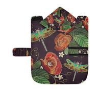 Soft Pet Towel Coat for Dogs Cats, Bath Robe Absorbent Bathrobewith Hood Adjustable Collar & Belly Strap, M Vintage Embroidery Red Poppies Peonies Green Dragonflies on Dark