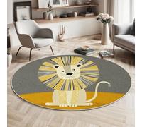 Soft Pile Round Rug With Rubber Backing, Cute 120cm Non Slip Area Rugs, Cartoon Lion Grayish Yellow Rug, Washable Carpet for Bedroom, Dining, Office and Kids Room