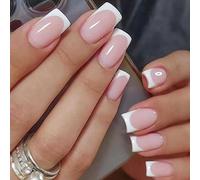 Soft Pink and White Tip Square-to-Round Press on Nails with Glossy Finish - Short Reusable False Nails Set for DIY Manicure, Easy Application Kit & Salon Quality French Style Manicure Look