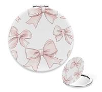 Soft Pink Bow Ribbons Compact Mirror, 1x/ 2x Magnifying Round Mirror, Handbag Essentials PU Leather Portable Compact Mirrors, Travel Pocket Mirrors for Makeup, Ladies Gifts, Gadgets for Girls