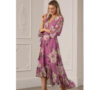 Soft Pink Floral Kimono Sleeves Dip Hem Wrap Midi Dress Yumi Dusty Pink 8