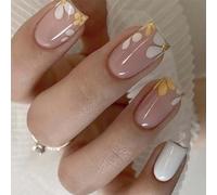 Soft Pink Floral Press On Nails with White Yellow Flower Designs and Gold Detailing - Oval Shape Glossy Finish Short Square Tip False Nails for Women, Easy Application Natural Look Manicure Set