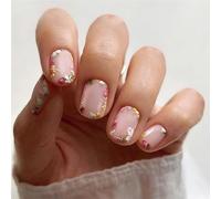 Soft Pink Floral Vintage Cottagecore False Nails - Oval Short Square Almond Shape Natural Length Tips Manicure Set with Delicate Pattern Design for Easy Application & Removal, Subtle Feminine Look