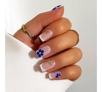 Soft Pink French Press-On Nails with White Tips & Blue Gold Accents - Delicate Squoval Short Oval Glossy Manicure Set for Women, Elegant and Durable for Everyday Wear or Special Occasions