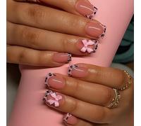 Soft Pink Leopard Print 3D Bow Artificial Nails - 24 PCS Medium Square Glossy Press On Nails Kit For Women, Casual Social Parties Everyday Easy Application, Reusable False Manicure Set