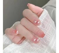 Soft Pink Ombre Glitter Almond False Nails - 24PCS Translucent Glossy Acrylic French Design with White Cloud Patterns for Women Medium Short DIY Manicure Kit, Elegant Manicure Set, Ethereal Nail Art,