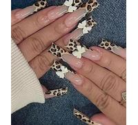 Soft Pink Ombre Square Press On Nails with Sparkle & Floral Accent - Leopard Print False Nails with 3D White Flowers for Women, DIY Art Kit, Reusable Tips, French Manicure Glam, Party Gel