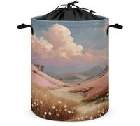 Soft Pink Rolling Hills Laundry Basket Laundry Hamper Round Collapsible Drawstring Clothes Hamper for Bedroom Bathroom