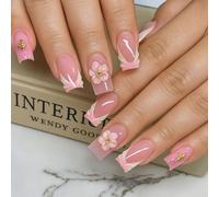 Soft Pink Square to Oval Glossy Press On Nail Tips With 3D Floral Designs - 24 Pcs Artificial Nails for Women Featuring Gold Stars, White Swirls, Elegant Wedding & Special Occasion Ready-to-Wear
