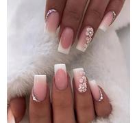 Soft Pink to White Ombre Square False Nails with 3D Floral & Sparkling Rhinestones - Glossy Short Press on Nail Tips for Women, Reusable Manicure Kits Easy to Apply, Elegant Daily Wear