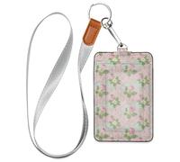 Soft Pink White Rose Flower Leather Badge id Holder with Lanyard and 3-Card Capacity Card Holder for Office Worker Nurse Teacher Student