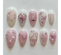 Soft Pink & White Stiletto Press On Nails With Hand-Painted Bows Hearts Florals Rhinestone Pearl Accents - 10Pcs Glossy False Nails For Women Weddings Special Events Unique Designs