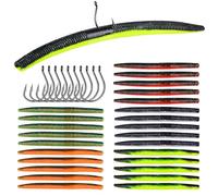 Soft Plastic Worm Bass Fishing Lures, 4" 50pcs Plastic Fishing Lure Worm Rig + 10pcs Grub Baits Wacky Rig Hooks, Soft Worms Lure Set for Bass (60 Pack)