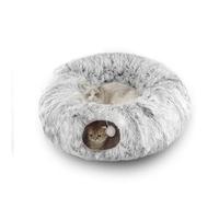 Soft Plush Cat Tunnel with Donut Bed, Peekaboo Cave for Indoor Cats, Kittens, Rabbit, Ferret, Grey