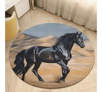 Soft Plush Round Area Rug 2.5' Thin 0.2" Low Pile Coral Velvet Non-Slip Black Arabian Horse Circle Rugs Carpet Absorbent Quick-Dry Door Mat for Entryway Bathroom Living Room Bedroom Decor