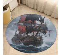 Soft Plush Round Area Rug 2.5' Thin 0.2" Low Pile Coral Velvet Non-Slip Pirate Ship at Sea Circle Rugs Carpet Absorbent Quick-Dry Door Mat for Entryway Bathroom Living Room Bedroom Decor
