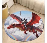 Soft Plush Round Area Rug 2' Thin 0.2" Low Pile Coral Velvet Non-Slip Dragon Knight Legend Circle Rugs Carpet Absorbent Quick-Dry Door Mat for Entryway Bathroom Living Room Bedroom Decor