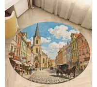 Soft Plush Round Area Rug 2' Thin 0.2" Low Pile Coral Velvet Non-Slip European Street View Circle Rugs Carpet Absorbent Quick-Dry Door Mat for Entryway Bathroom Living Room Bedroom Decor