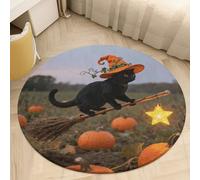 Soft Plush Round Area Rug 2' Thin 0.2" Low Pile Coral Velvet Non-Slip Pumpkin Witch Cat Circle Rugs Carpet Absorbent Quick-Dry Door Mat for Entryway Bathroom Living Room Bedroom Decor