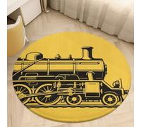 Soft Plush Round Area Rug 3' Thin 0.2" Low Pile Coral Velvet Non-Slip Yellow Steam Train Circle Rugs Carpet Absorbent Quick-Dry Door Mat for Entryway Bathroom Living Room Bedroom Decor