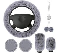 Soft Plush Steering Wheel Cover Set with Elastic Fit, Includes Handbrake and Gear Shift Covers Plus Shiny Car Mirror and Floor Mats to Maintain Clean and Comfortable Car Interior (gray)