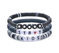 Soft Pottery Friendship Bracelet,3-Pcs Inspired K-POP Stray-Kids Bracelets Set,Black and Gray Letters Can be Stacked Jewelry, Fan Music Accessories