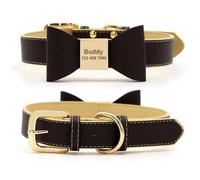 Soft PU Leather Small Dog Cat Bow Collar Necklace Personalized Dog Name Collar Anti-lost Pet ID Collar For Chihuahua French Bulldog Pug Labrador,Dark Brown,M
