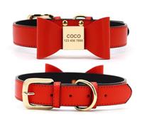 Soft PU Leather Small Dog Cat Bow Collar Necklace Personalized Dog Name Collar Anti-lost Pet ID Collar For Chihuahua French Bulldog Pug Labrador,Red,L