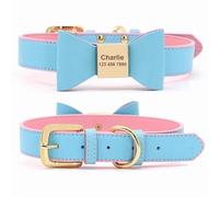 Soft PU Leather Small Dog Cat Bow Collar Necklace Personalized Dog Name Collar Anti-lost Pet ID Collar For Chihuahua French Bulldog Pug Labrador,Blue,XS