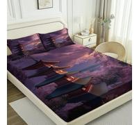 Soft Purple Fitted Sheet, Close-Up Cherry Blossoms Pagoda Clouds Printed, Delicate Touch, Easy Care Microfibre Fitted Sheet with Elasticated Corners, 90 × 190 cm, Shrinkage & Fade Resistant