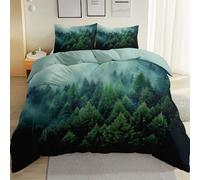 Soft Quilt Duvet Cover Set with Zipper Closure and Corner Ties, Surrealism Foggy Jungle Printed Pattern, Light Green Easy Care Reversible Design- Brushed Microfiber King Size, 220 x 230 cm