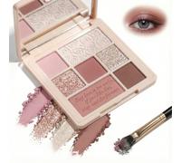 Soft Rose Gold Eyeshadow Palette with Matte, Shimmer & Glitter Finishes - Nine-Color Compact for Warm Day & Evening Makeup, Includes Dual-Sided Mirror & Brush, Long-Lasting Pigmented Shades
