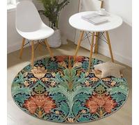 Soft Round Area Rug 120 x 120 cm, William Morris Leaf Flower Pattern Fade Resistant Washable Circle Rug, Green Non Slip Stain Resistant Short Pile Floor Mats for Bedroom Dining Room