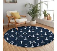 Soft Round Area Rug 160 cm, Simple Navy Hook Pattern Fade Resistant Washable Circle Rug, Dark Blue Non Slip Stain Resistant Short Pile Floor Mats for Bedroom Dining Room
