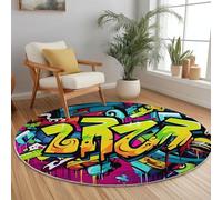 Soft Round Area Rug 180 cm, Graffiti Style Street Art Pattern Fade Resistant Washable Circle Rug, Colorful Non Slip Stain Resistant Short Pile Floor Mats for Bedroom Dining Room